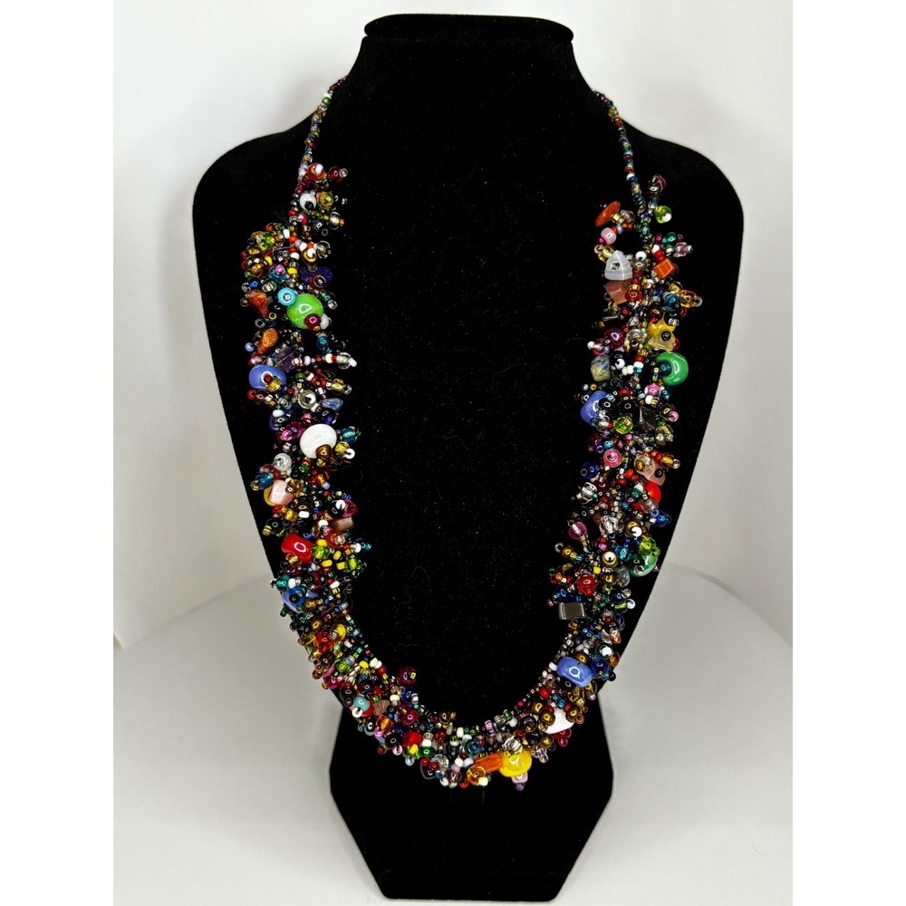 Multicolor Seed Bead Cluster Statement Necklace Boho Maximalist Bib 20 Inch